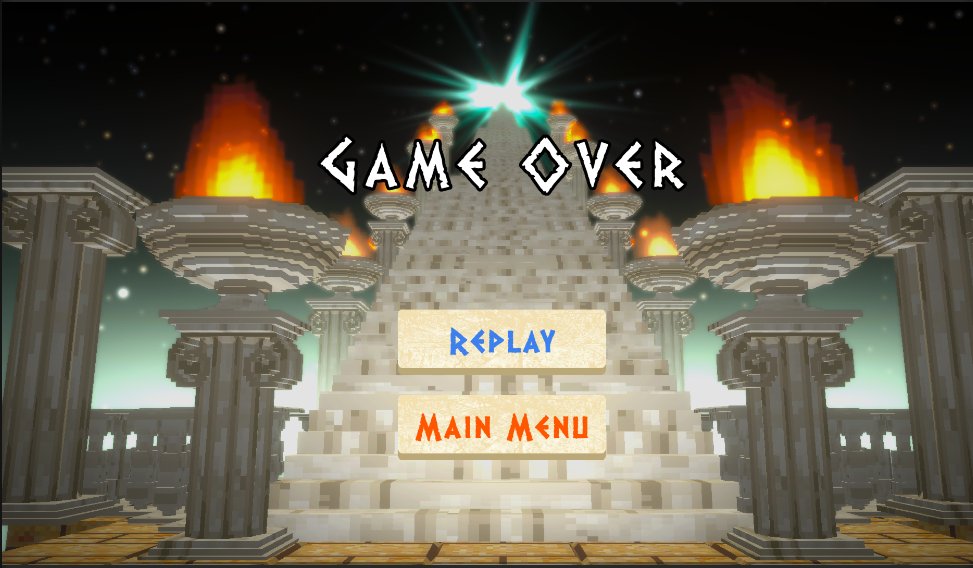 Game-over screen with replay and main-menu choices inside the temple environment