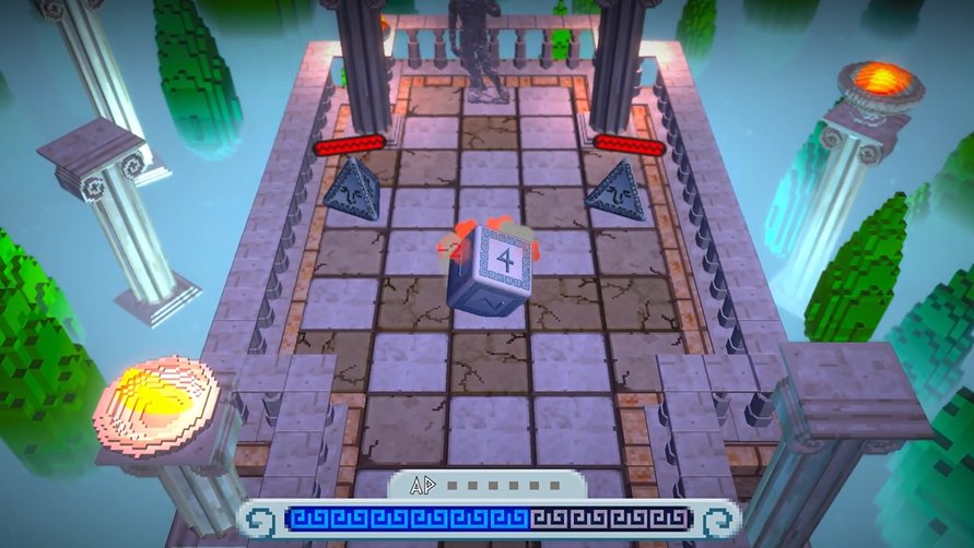 Top-down gameplay view showing the die character, tiled path, two enemies, and action-point interface