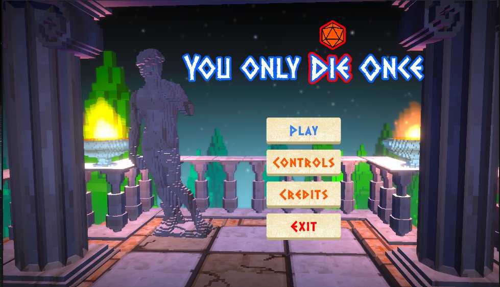 You Only Die Once title screen framed by temple columns, fire bowls, and a Hercules statue
