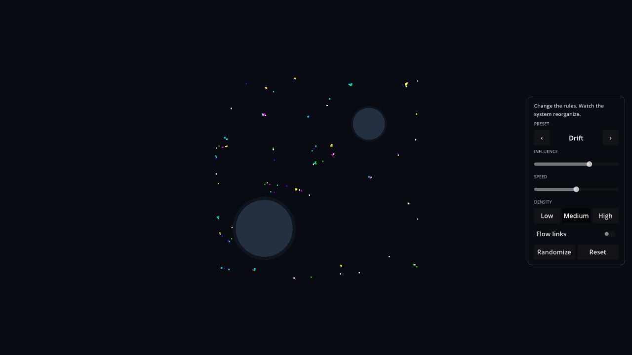 The Chronarium Drift simulation with colored particles moving around two bubble fields and the rule controls visible.